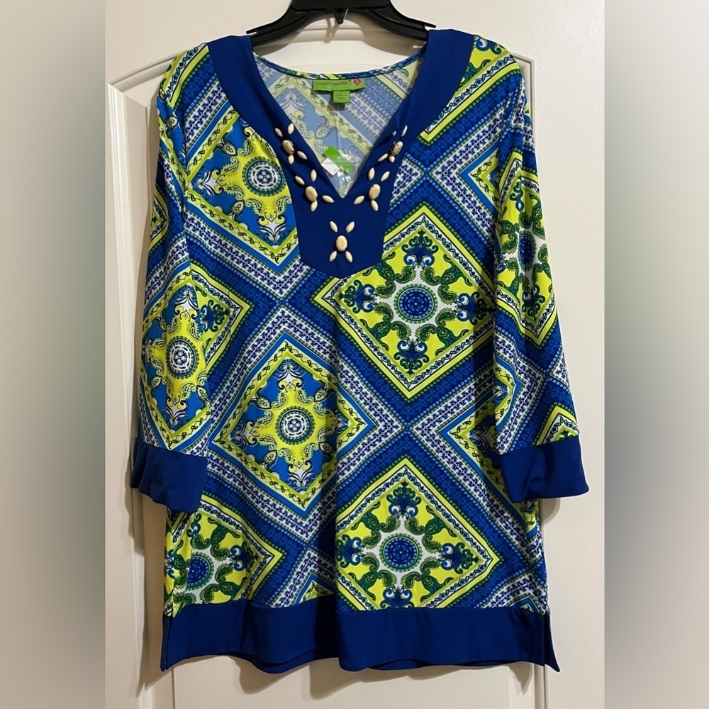 NWT Island Republic Embellished Blouse Top V-Neck Stretch Large Tunic